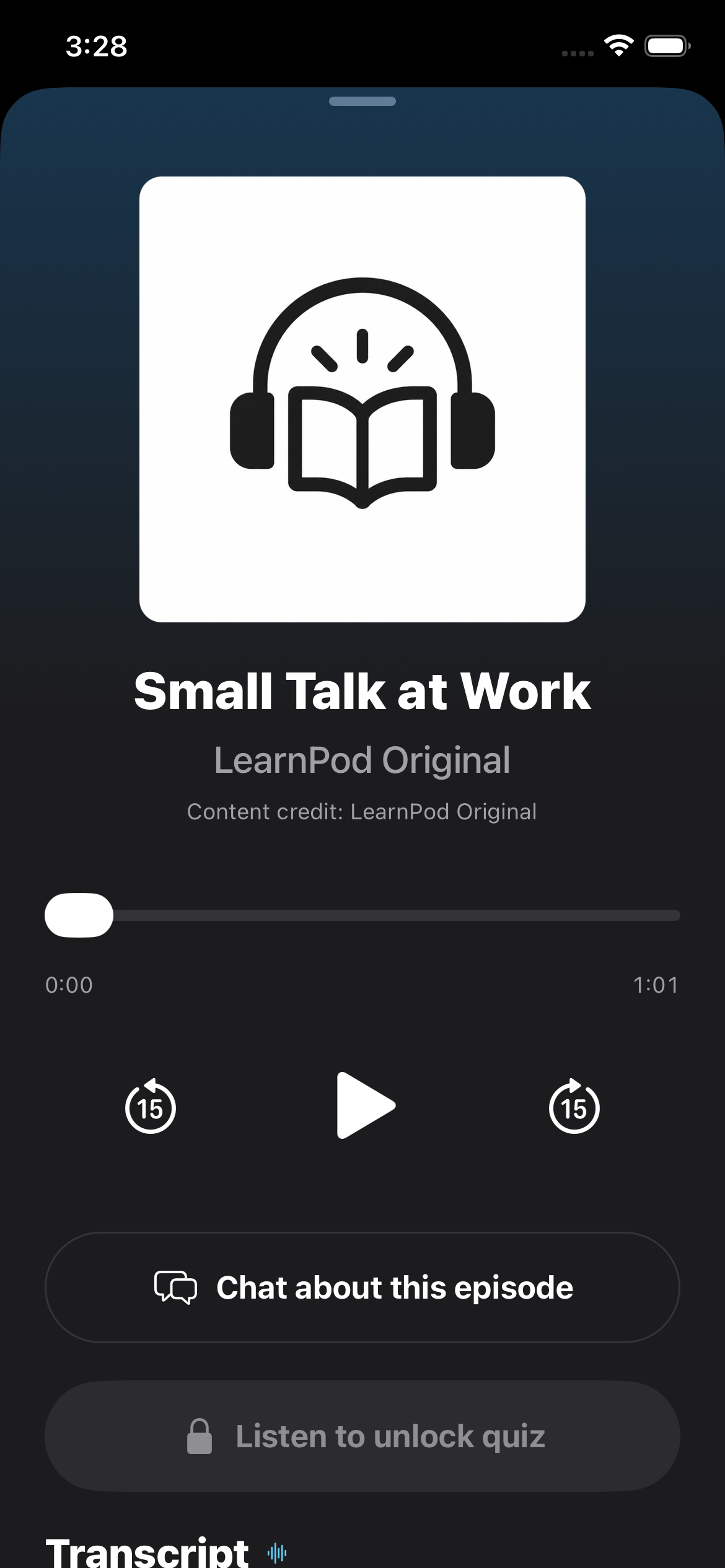 LearnPod lesson screen with audio controls and a transcript